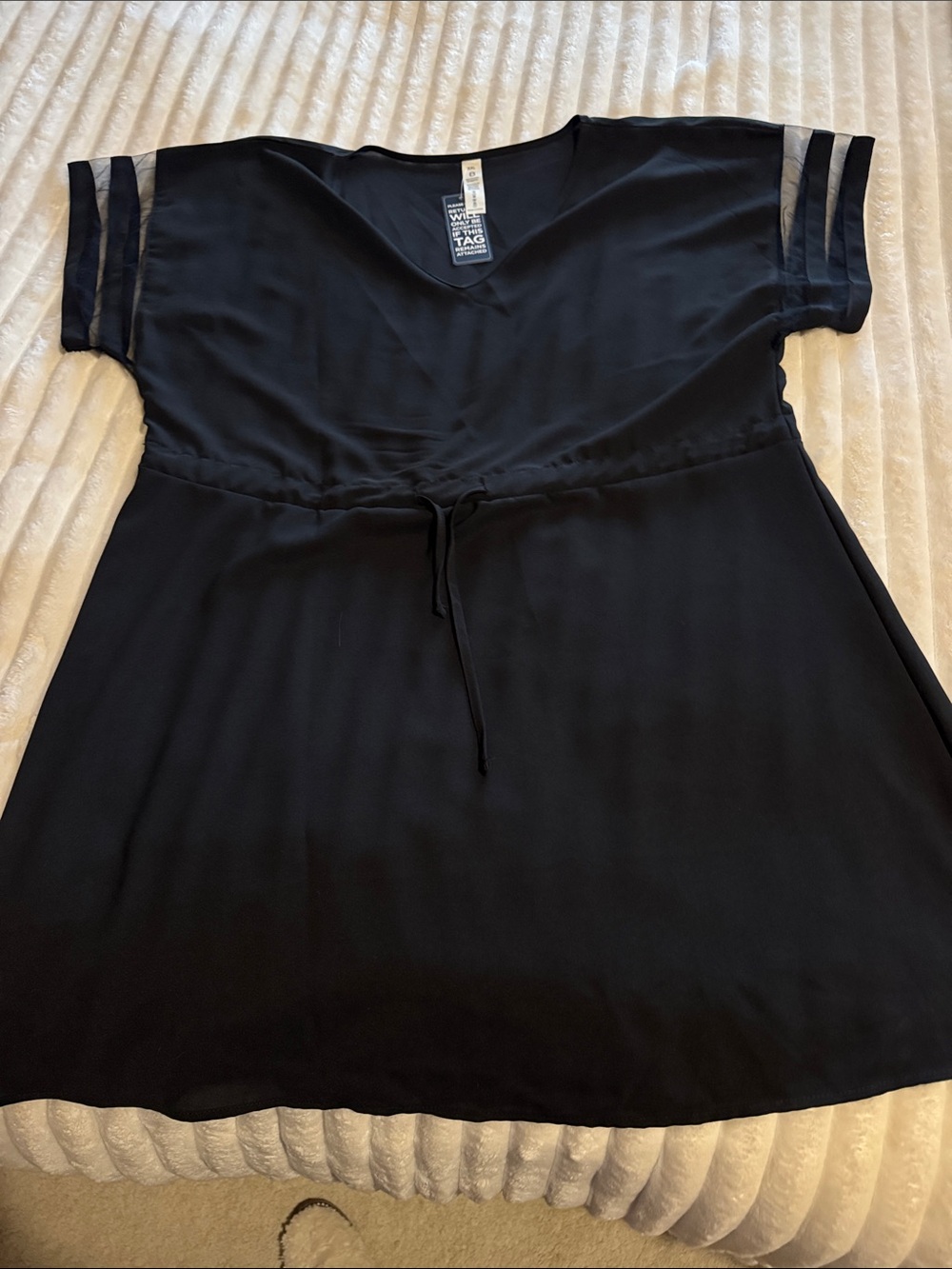 Black V-Neck Drawstring Tunic Top with Sheer Sleeve Stripes